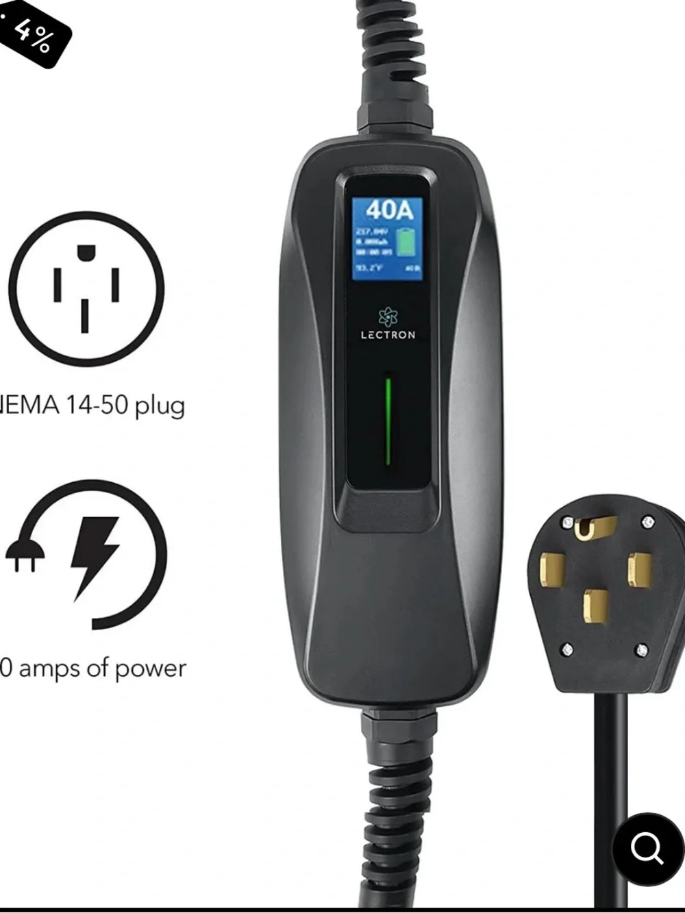 Black LECTRON LEVEL 2 40A EV Charger with NEMA 14-50 Plug